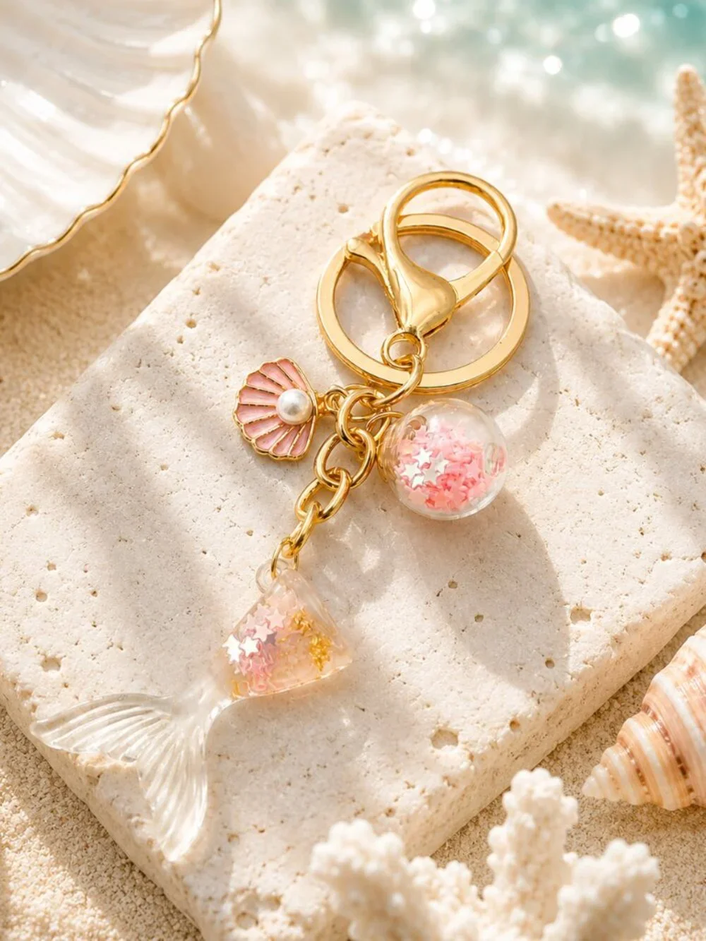 Mermaid‎ Tail Pink Enamel Keychain Bag Charm Faux Pearl Gold Plated Coastal NEW
